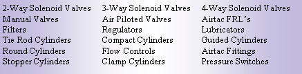 Text Box: 2-Way Solenoid Valves	3-Way Solenoid Valves	4-Way Solenoid ValvesManual Valves		Air Piloted Valves	Airtac FRLsFilters			Regulators		LubricatorsTie Rod Cylinders	Compact Cylinders	Guided CylindersRound Cylinders		Flow Controls		Airtac FittingsStopper Cylinders	Clamp Cylinders		Pressure Switches